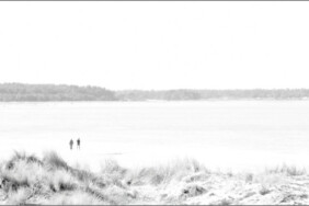 Schwarz-weiße Fotografie von Hilmar Sundermann in surrealer Bearbeitung mit weichen Grautönen. Panoramablick über flache grasbewachsene Dünen zu den in verstreuten Gruppen an der Ostseebucht Spazierenden; am Horizont die bewaldete Küste.