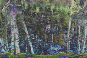 Fotografie von Hilmar Sundermann in surrealer Bearbeitung mit hellen Farben. Erlen am Ufer einer Senke spiegeln sich im Wasser.