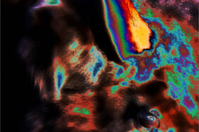 Fotografie von Hilmar Sundermann in surrealer Bearbeitung mit leuchtenden Farben in Rotbraun und Blaugrün. Der Kopf eines Bisons in Nahaufnahme mit einem Horn in schillerndem Gelb.
