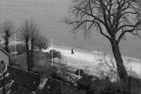 Fotografie von Hilmar Sundermann in Schwarz-Weiß-Bearbeitung. Blick auf den Hamburger Elbstrand in Övelgönne mit einem großen Baum im Vordergrund, Häusern am Hang und Hafenkränen am gegenüberliegenden Ufer; am Strand geht ein Paar mit Hund spazieren.