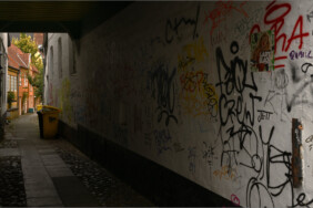 Fotografie von Hilmar Sundermann. Ein dunkler, gedeckter Durchgang mit zahlreichen Graffiti, Schriftzügen, Zeichnungen und Stickern an der Wand führt zu einem hellen Hof von Backsteinhäusern mit weißen Fenstern und grünem Bewuchs; in Durchgang und Hof sind Gehwegplatten und Kopfsteinpflaster, darauf zwei überquellende Mülltonnen.